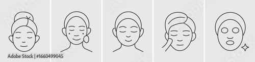 Minimalist Skincare and Facial Mask Routine Line Art Icon Set, Collection of Woman Applying Beauty Treatments Outlines, Pampering and Wellness Symbols, Modern Vector Graphics for Self-Care.