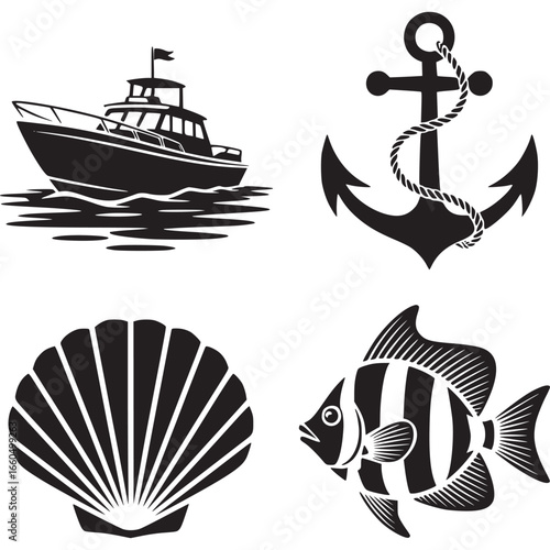 Nautical elements isolated on white background featuring a boat, anchor, shell, and fish, perfect for summer, travel, and marinethemed designs and illustrations