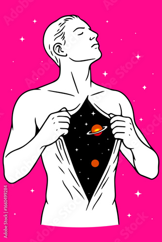 Cosmos within. Vector  illustrations of an man with planets, galaxy, mars,  and stars.