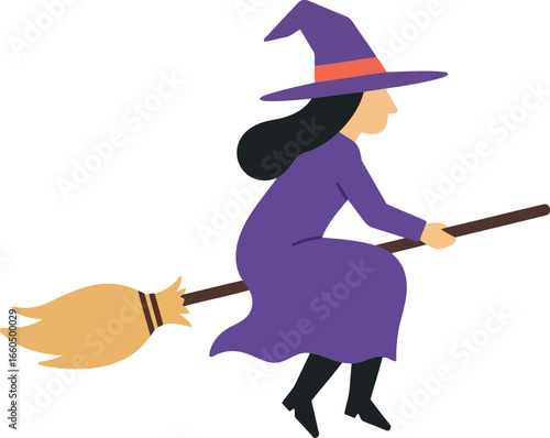 Halloween witch flying broomstick purple dress spooky night vector