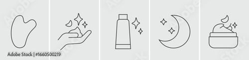 Nighttime Skincare Routine Line Art Icon Set, Collection of Gua Sha, Cleanser, and Natural Cream Outlines, Beauty and Wellness Symbols for Evening Self-Care, Modern Vector Graphics for Cosmetic.
