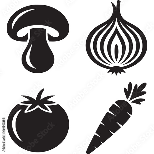 Illustration of mushroom, onion, tomato and carrot isolated on white background, perfect for culinary blogs, recipe websites, or healthy eating campaigns