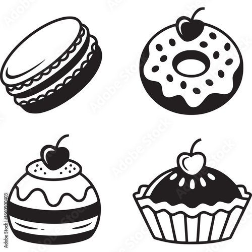 Illustration of macaroons, donuts, cupcakes and pies isolated on white background, perfect for bakery blogs, sweet treat websites, or dessert campaigns