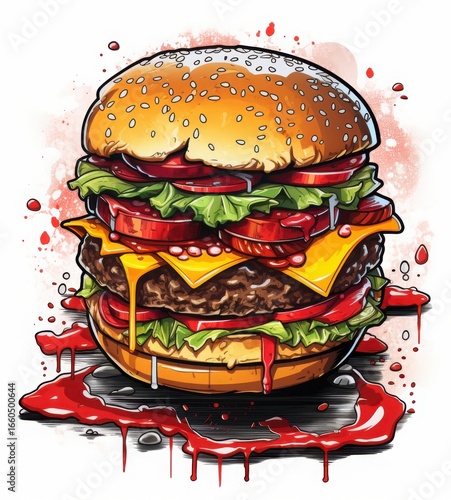 A vibrant illustration of a mouth-watering hamburger stacked with fresh ingredients and dripping with sauce.