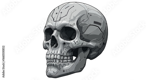 Futuristic cyborg skull design with mechanical elements and realistic details