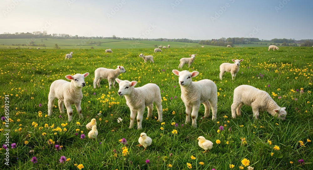 Obraz premium Lambs graze in a field dotted with wildflowers accompanied by small yellow chicks