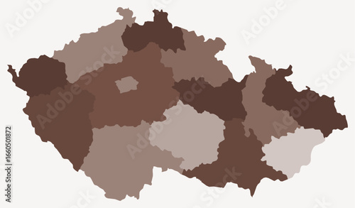 Map of Czechia with regions. Just a simple country border map with region division. Brown color palette. Plain Czechia shape with administrative division. Vector illustration.