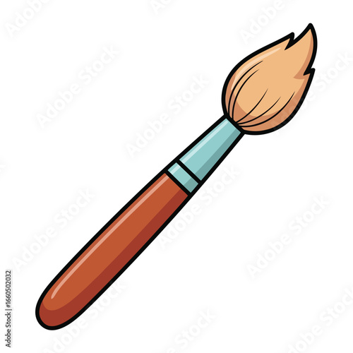 Vector art of a single brown paintbrush with a blue collar and light brown bristles, isolated on a