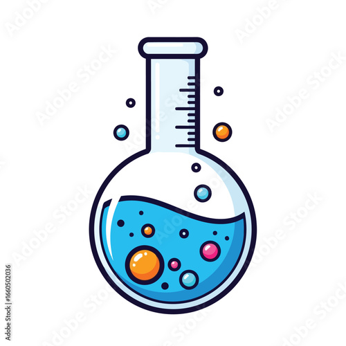 Vector art of science flask with colorful bubbles and blue liquid