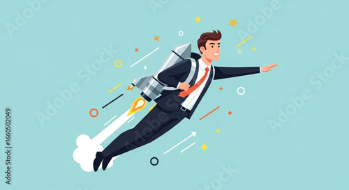 Businessman Flying with Jetpack, Symbol of Innovation and Fast Progress