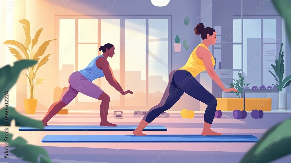 Fototapeta premium Couple engaging in a yoga workout at the gym during the morning hours