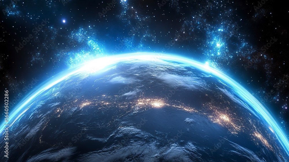 Obraz premium Detailed view of Earth from space revealing vibrant city lights across continents at night