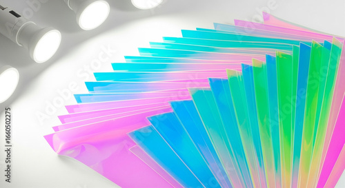 Iridescent translucent sheets fanned out under studio lights