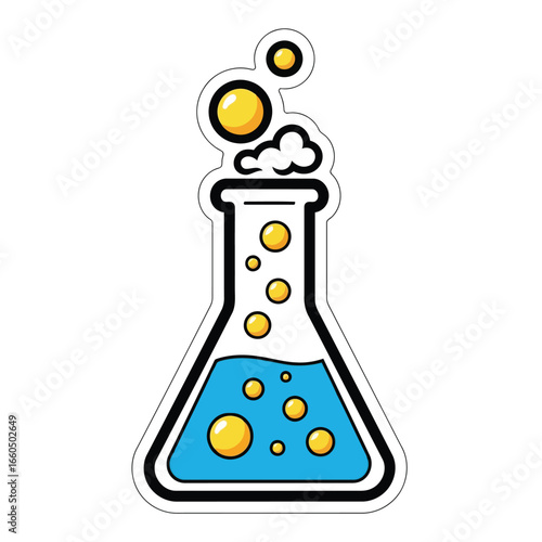 Vector art of a cartoon illustration of an erlenmeyer flask filled with blue liquid and bubbles, isolated on a