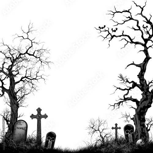 Halloween Graveyard Bottom Border in Black and White 