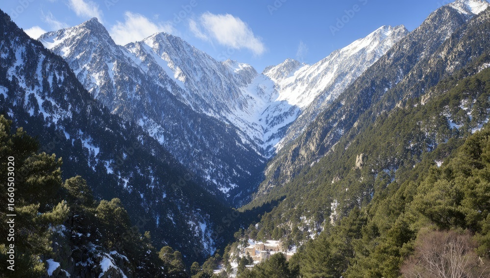 Fototapeta premium Snowy mountain valley, lush forests