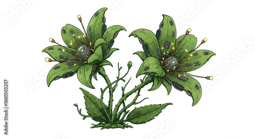 Futuristic floral hybrid: green mechanical flower with circuitry design