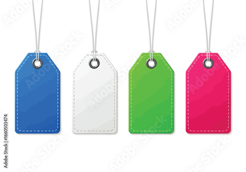 Vector art of set of four colorful blank hanging tags, blue, white, green, and pink, with strings