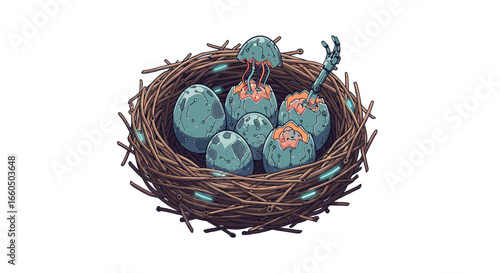 Sci-fi creature hatching in futuristic nest with robotic details