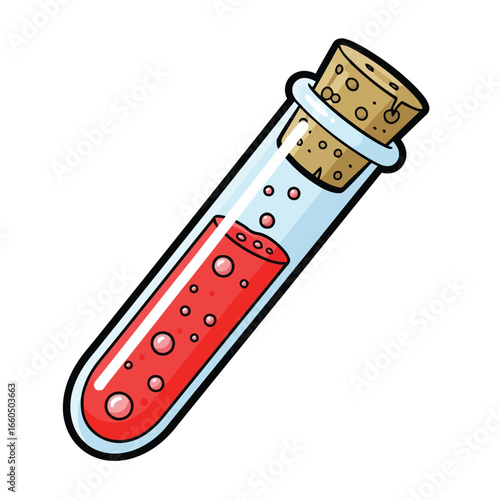 Vector art of cartoon illustration of a glass test tube filled with red liquid and bubbles, sealed with a cork stopper