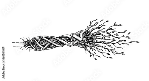 Intricate mechanical nature fusion: detailed black and white abstract design