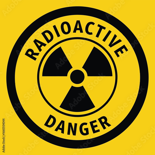 Vector art of radioactive danger symbol, a black trefoil with text on a yellow circle indicating a serious hazard and warning of nuclear materials