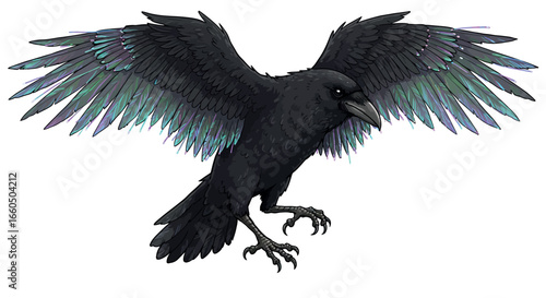 Detailed flying raven with outstretched wings and iridescent feathers