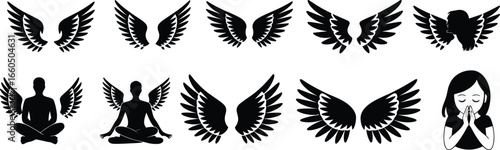 Wing and figure silhouettes, ten unique designs including angel wings, seated and praying figures, black vector illustration for fantasy, spiritual, decorative, design, celestial