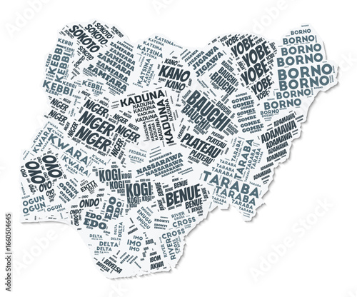 Nigeria shape text cloud. Country border with shadow on white background. Nigeria with regions division in vintage gazette style. Modern vector illustration.