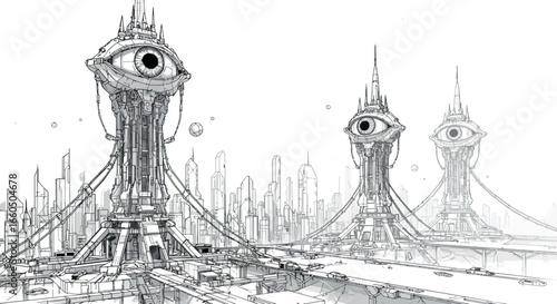 Futuristic eye towers in a sci-fi cityscape with surreal architecture