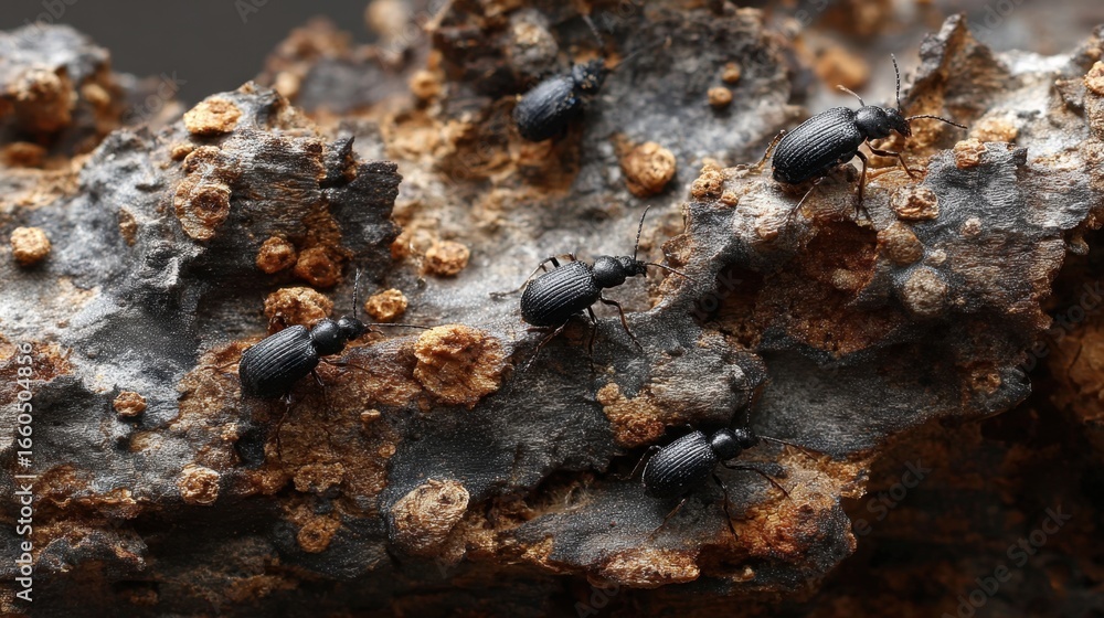 Detailed Close-Up of Black Beetles Crawling on a Rough Bark Surface Under Natural Light Detailed Close-Up of Black Beetles Crawling on a Rough Bark Surface Under Natural Light