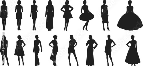 Fashion dress silhouettes, sixteen diverse women in varied elegant gown and dress designs, black vector illustration for clothing, boutique, runway, couture, style, garment, apparel themes