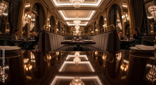 Luxurious  dimly lit dining room with plush seating  ornate chandeliers  and reflective surfaces  creating an elegant and intimate atmosphere for patrons.