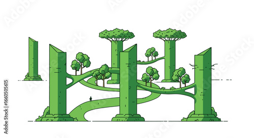 Futuristic green architecture with curved pathways and trees