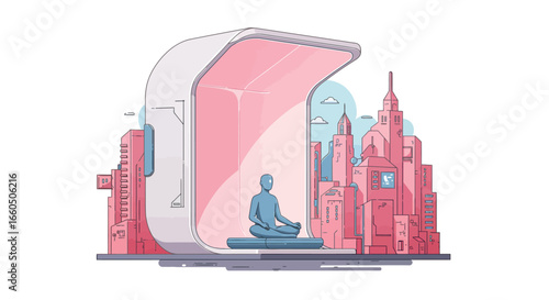 Futuristic meditation capsule in modern cityscape setting