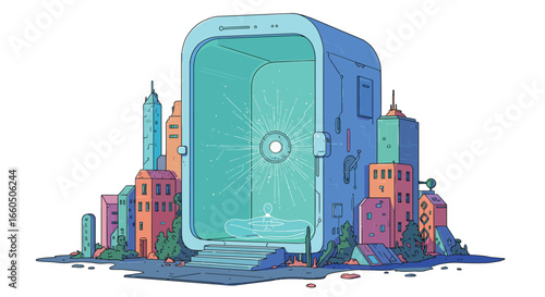 Futuristic urban portal with holographic interface in a surreal cityscape