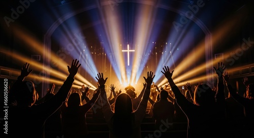 Church worship with raised hands and cross on stage. Religious, spiritual design perfect for faith, church, or concert themes.