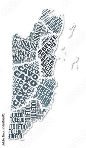 Belize shape text cloud. Country border with shadow on white background. Belize with regions division in vintage gazette style. Modern vector illustration.
