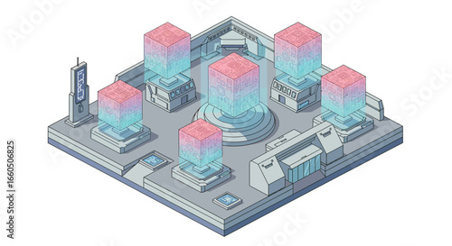 Futuristic isometric data center with holographic servers and digital interface