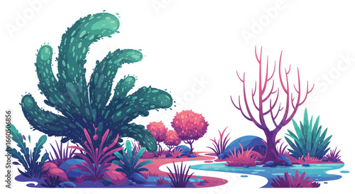 Vibrant desert oasis with cactus and colorful foliage in cartoon style landscape