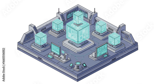 Futuristic isometric data center with holographic displays and cubic structures