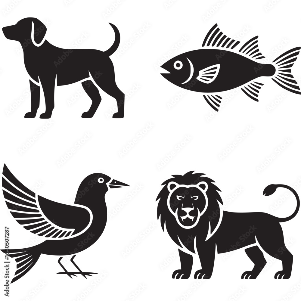 Fototapeta premium Animal icons, black silhouette set, wildlife symbols, vector graphics