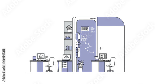 Modern office with ai-driven meeting booth and workspace setup