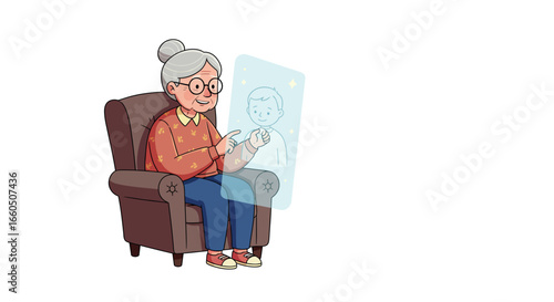 Senior woman using virtual reality interface while seated in an armchair