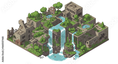 Urban jungle oasis: isometric abandoned city with lush greenery and waterfalls