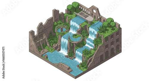 Isometric ancient ruins with cascading waterfalls and lush greenery