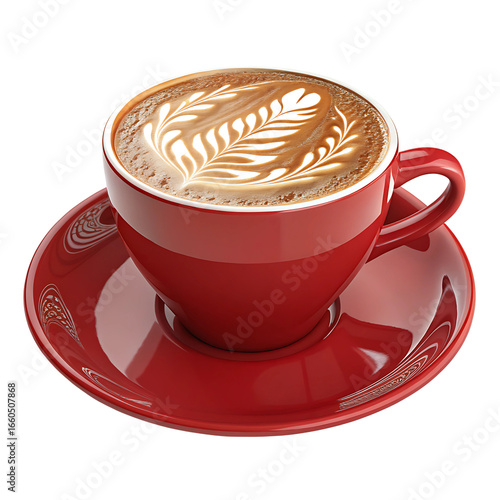 Latte coffee with latte drawing in a red porcelain cup and saucer, light falling on it from an angle making it more visible and attractive, close-up, transparent background