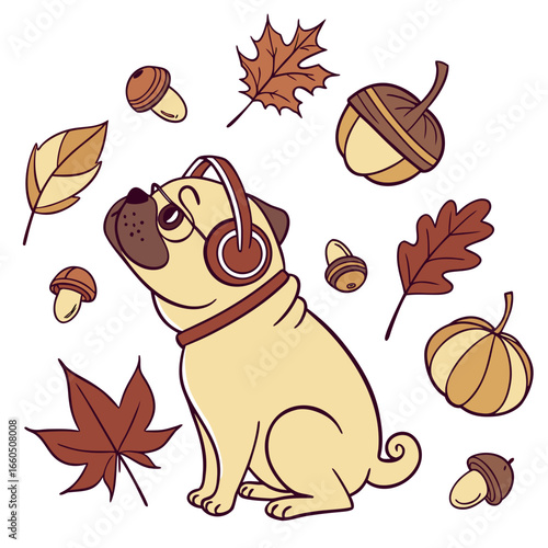 Cute Playful Pug, accessorized with wearing headphones, in a Autumn world – Autumn Leaves palette vector