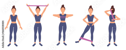 A set of poses for a girl exercising with fitness bands. Healthy lifestyle, examples of exercises with equipment