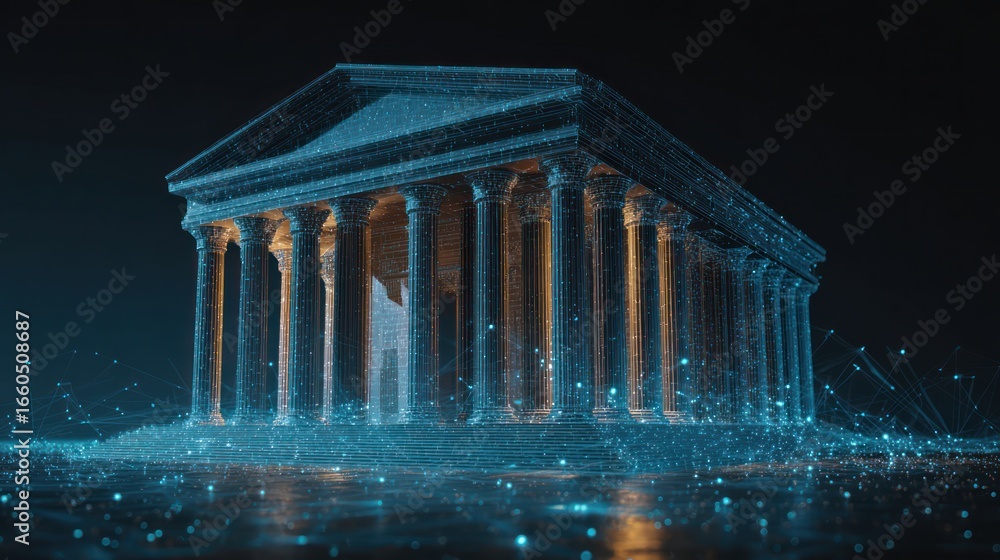 Obraz premium Ancient temple, digitally rendered, with glowing particles